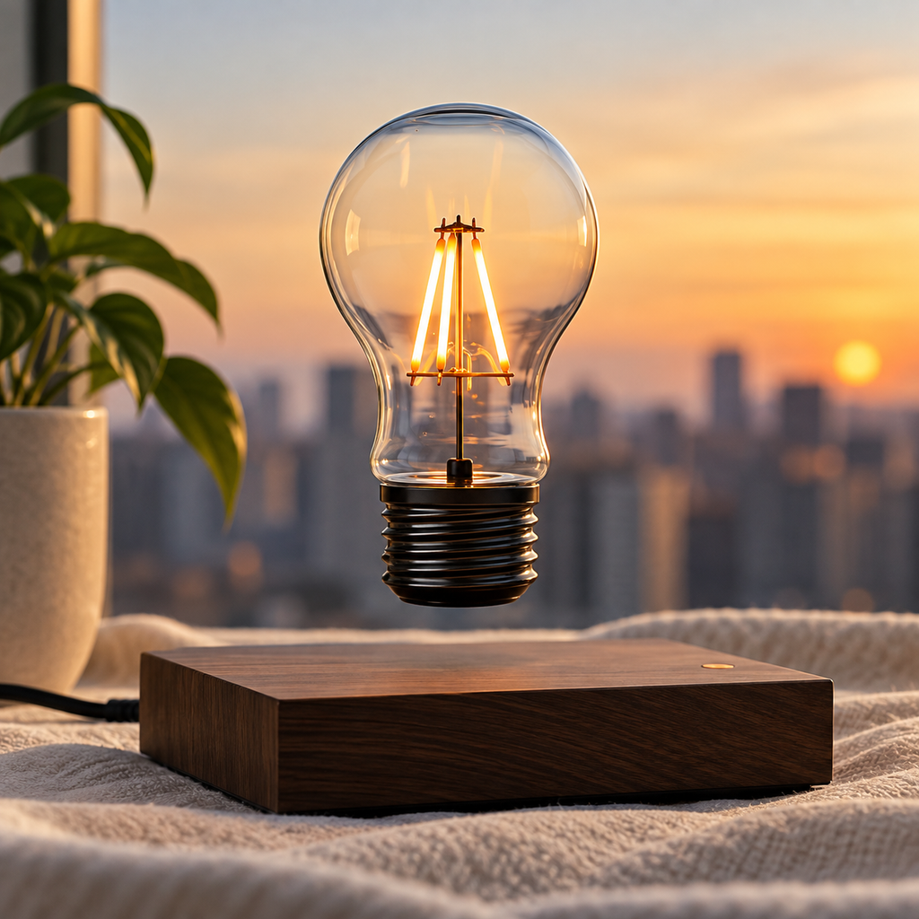 Magnetisk svävande LED-lampa i trä – kreativ bordslampa med flytande glödlampa och touchkontroll