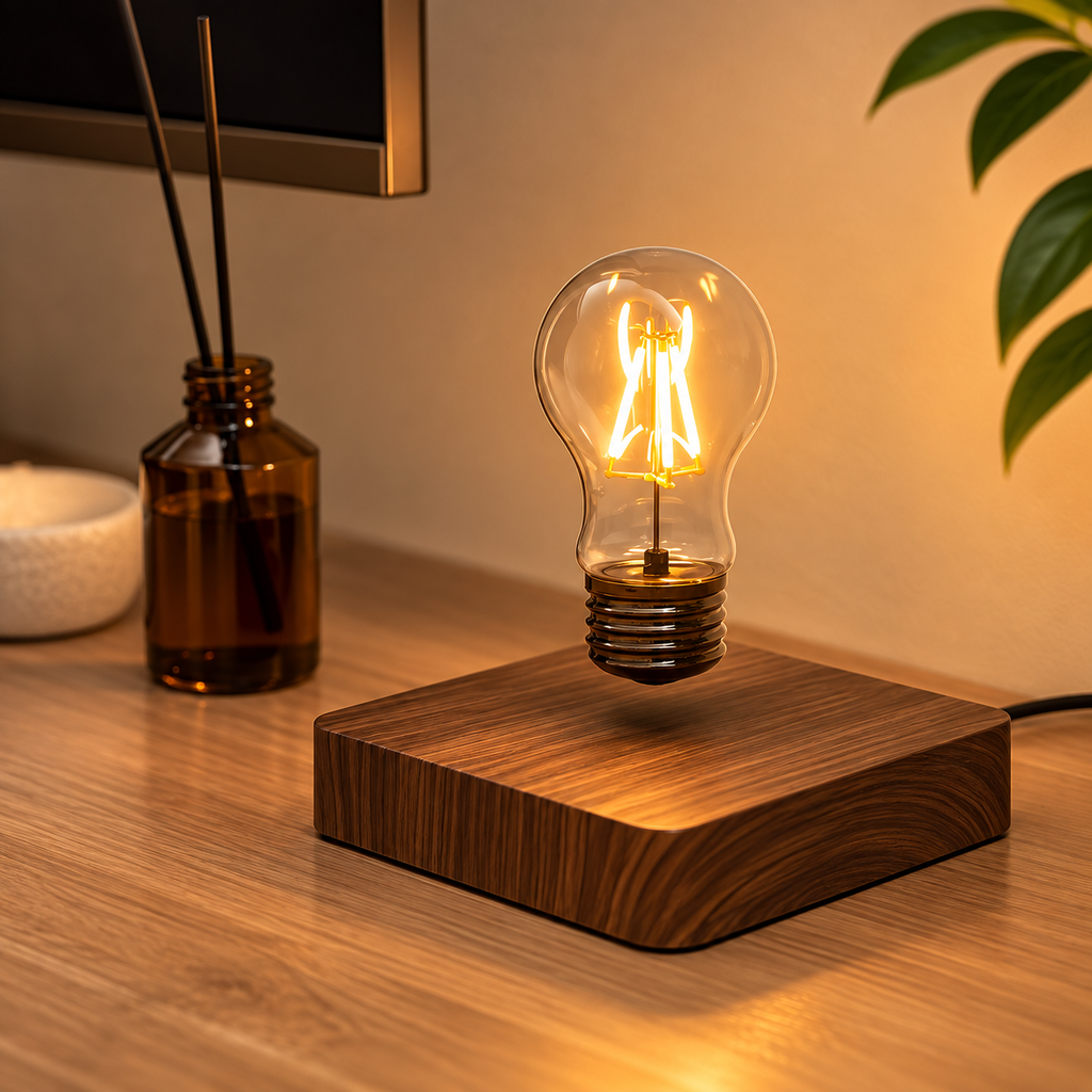 Magnetisk svävande LED-lampa i trä – kreativ bordslampa med flytande glödlampa och touchkontroll