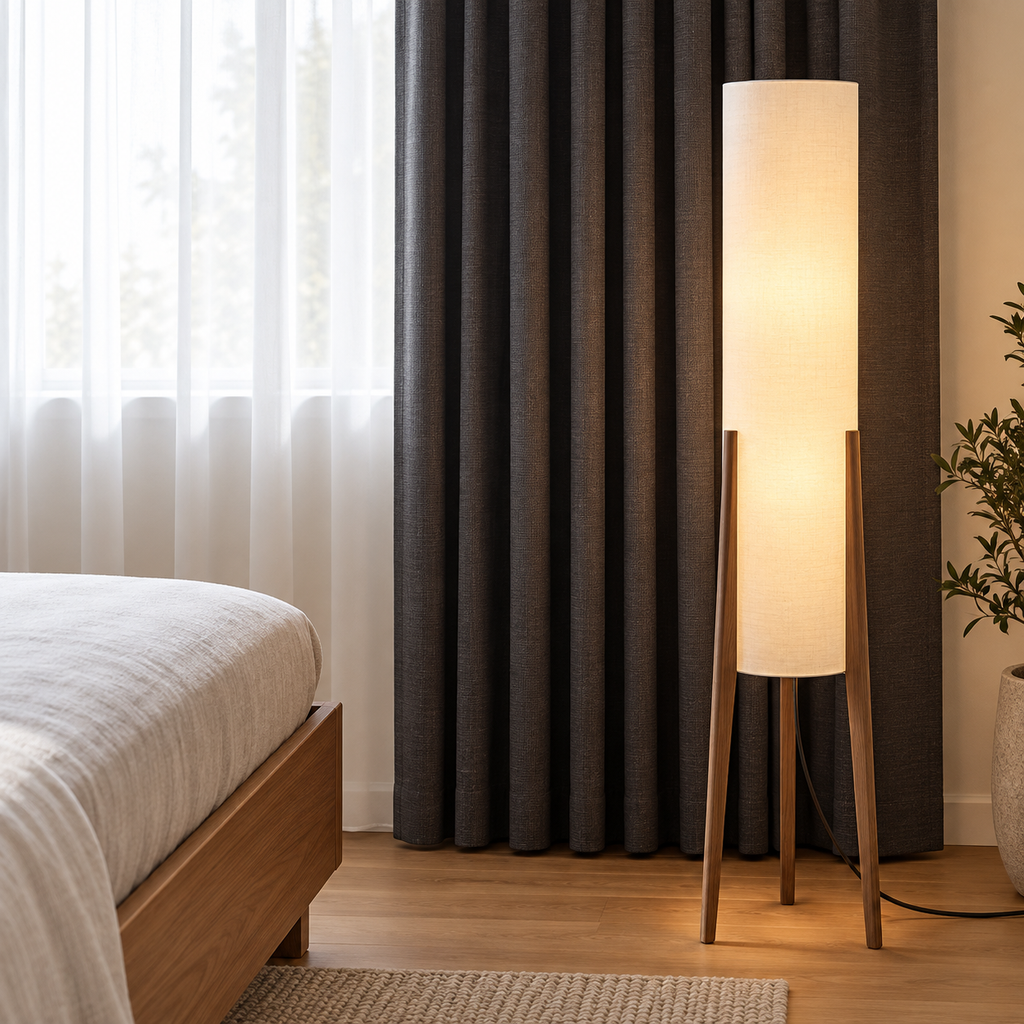 Trägolvlampa i mörk träton
