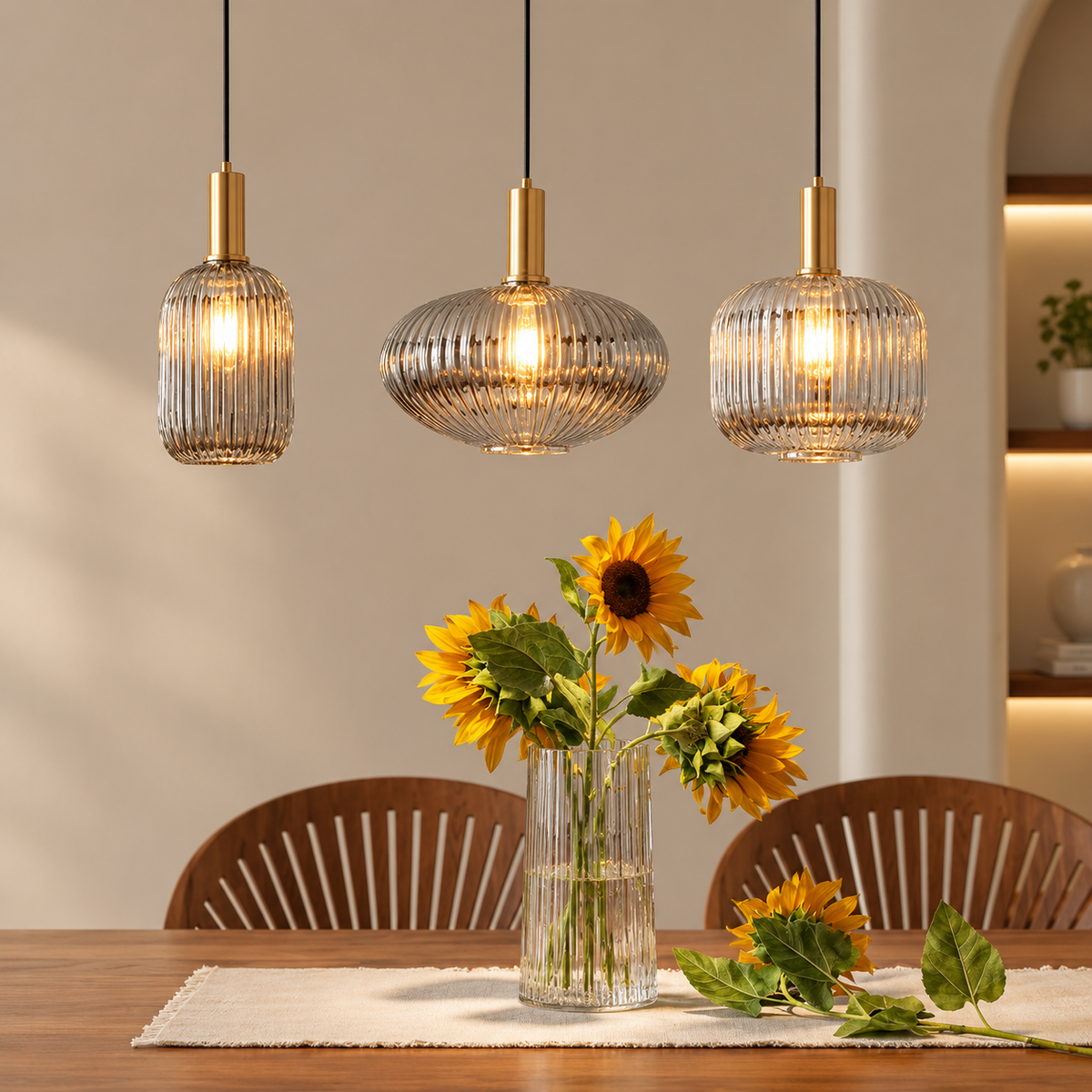 Hänglampa med amberfärgad glasskärm