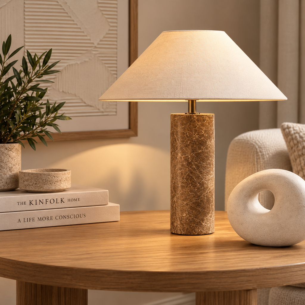 Bordslampa med marmorfot och tygskärm – bild 6