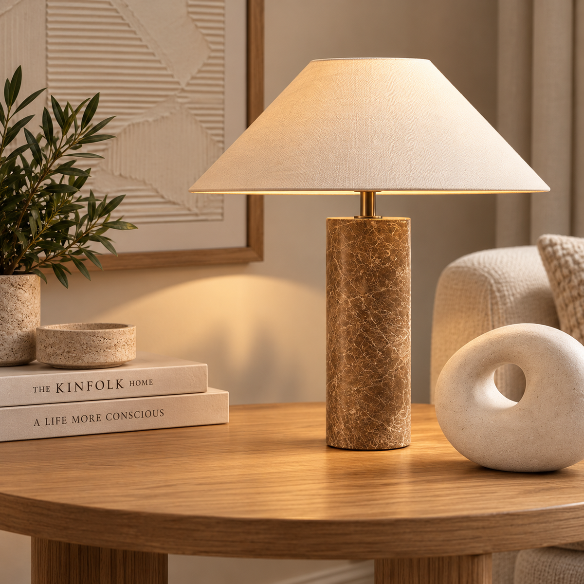 Bordslampa med marmorfot och tygskärm – bild 6
