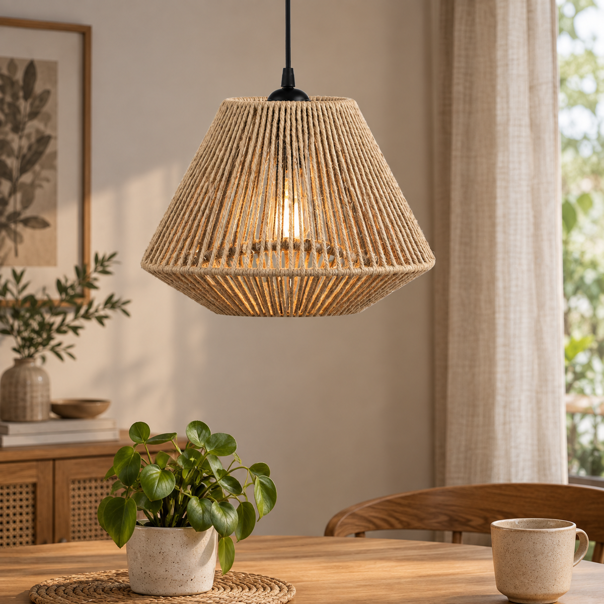 Lampskärm i vävd papperslina med rottinglook