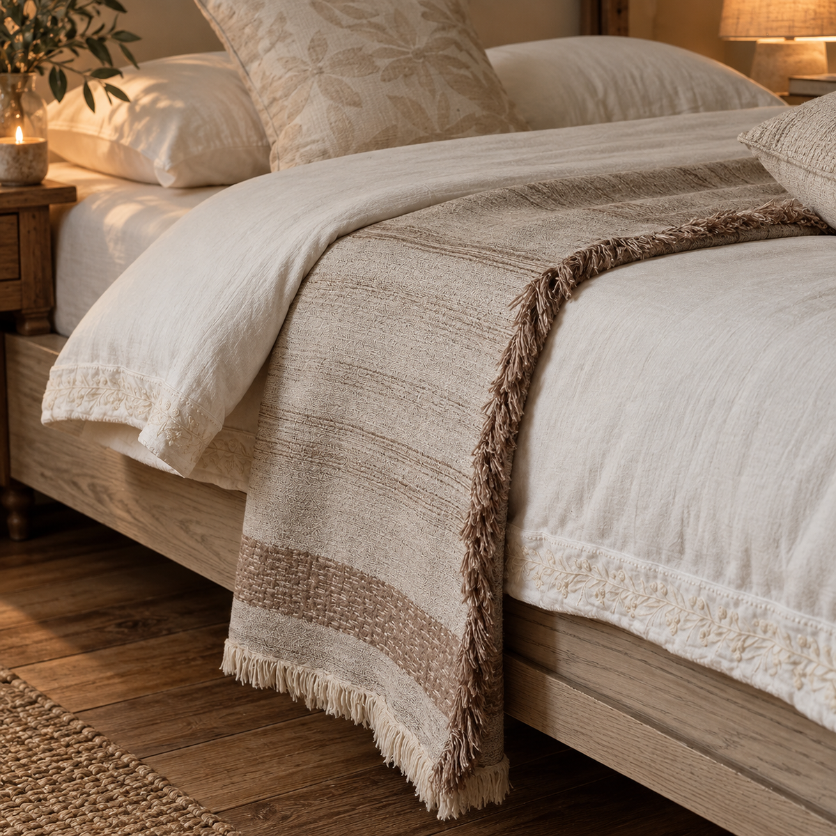 Närbild på vävd jacquard i bomull och linne