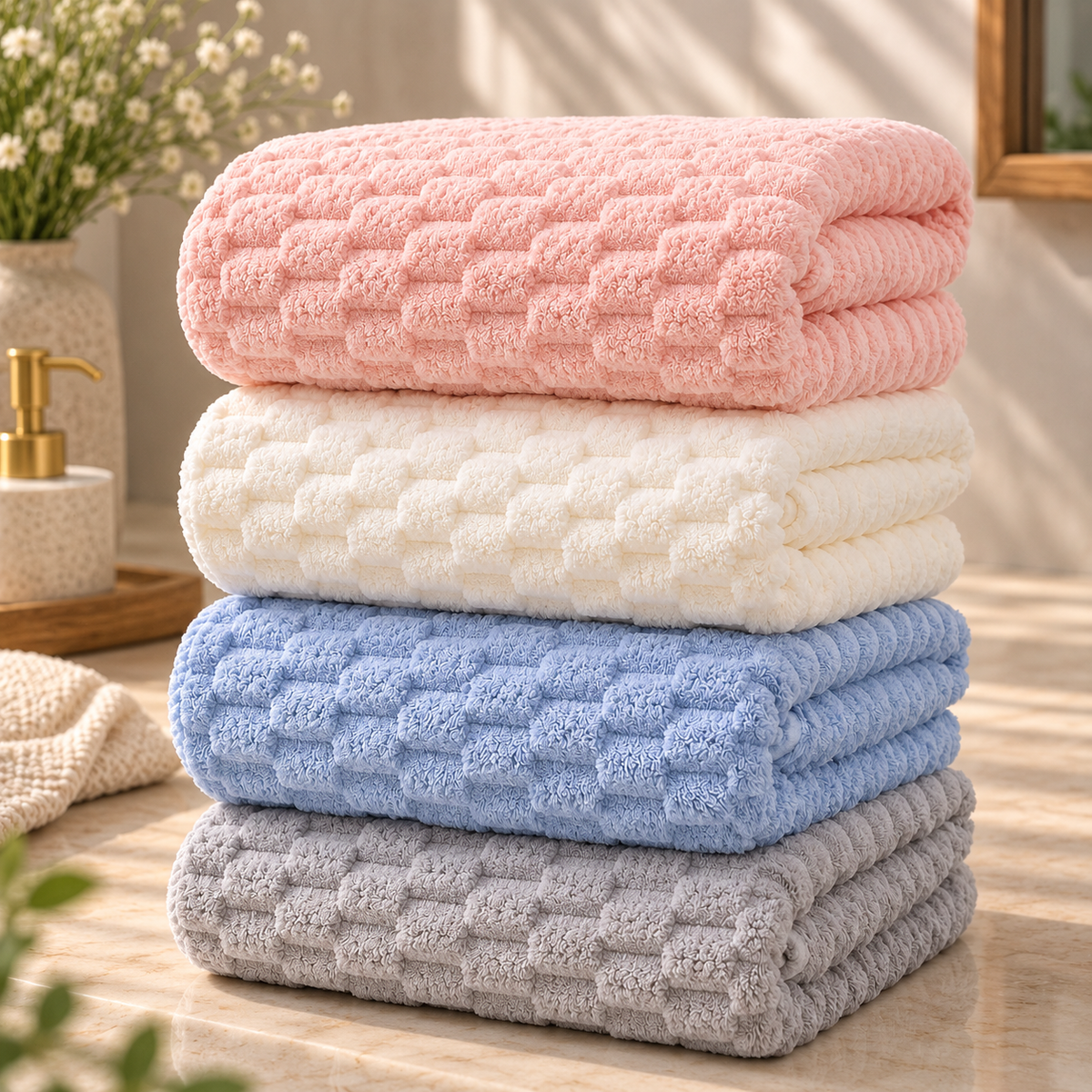 Badhanddukar i korallfleece 4-pack