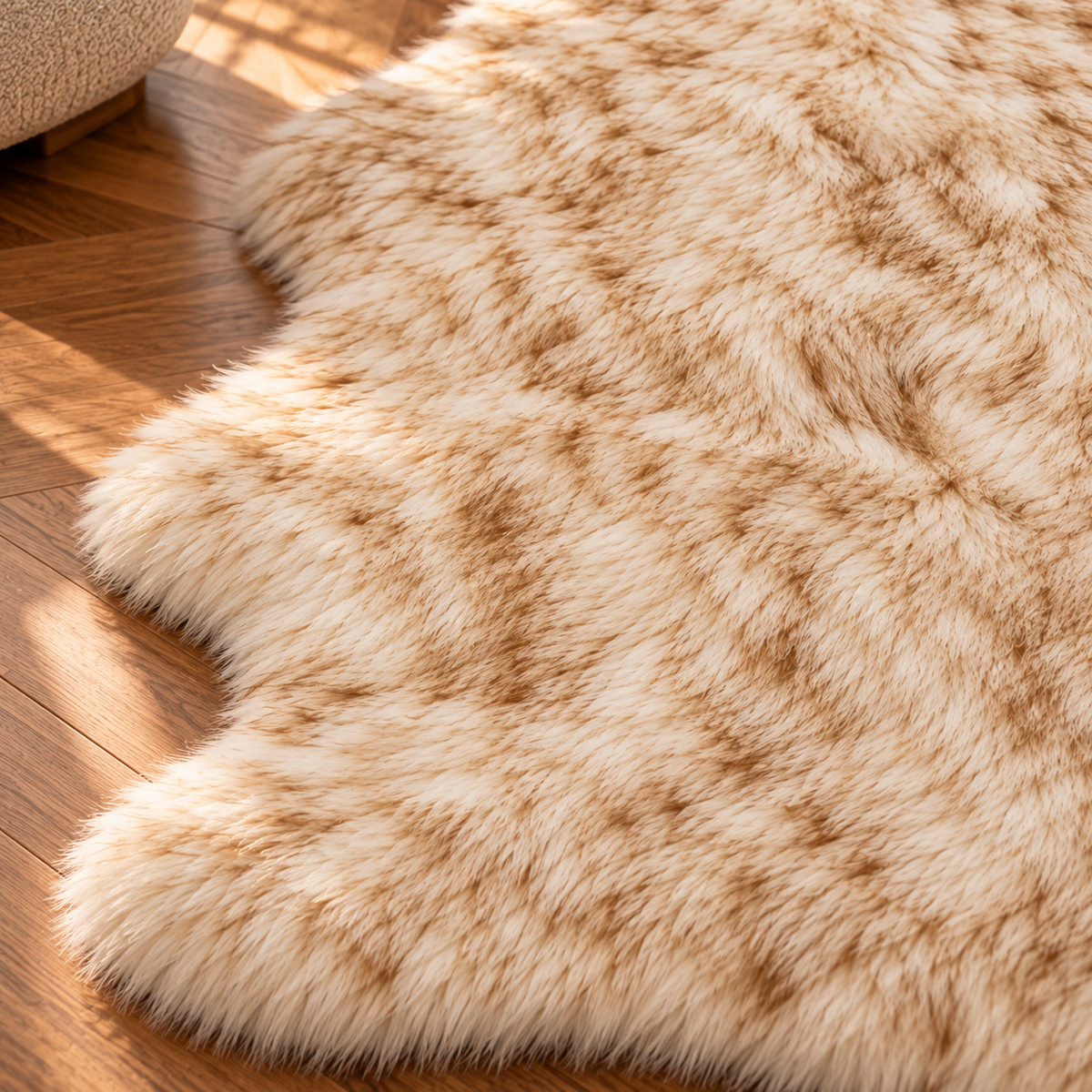 Fluffig fuskpälsmatta bredvid sängen