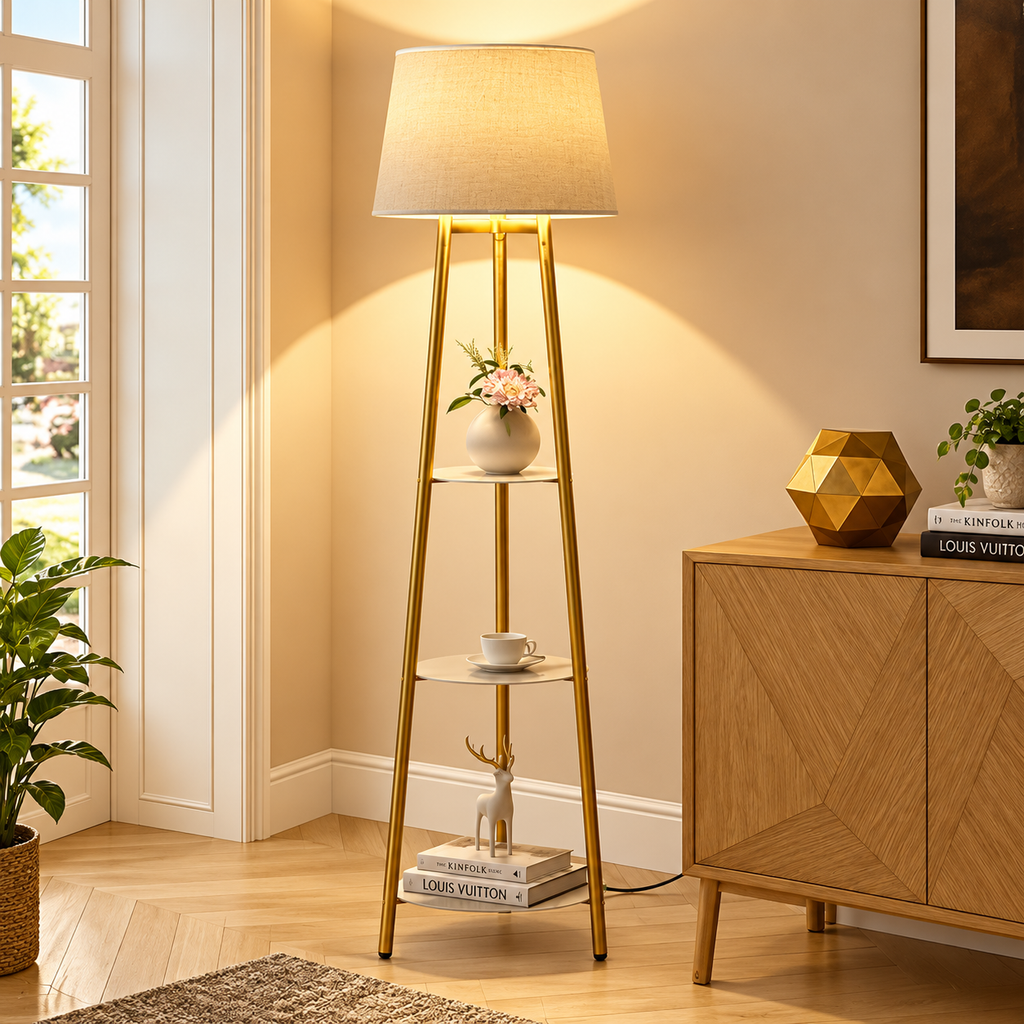 Elegant golvlampa med hyllor – modern LED-lampa i metall med 3 dekorativa hyllplan och varmt ljus