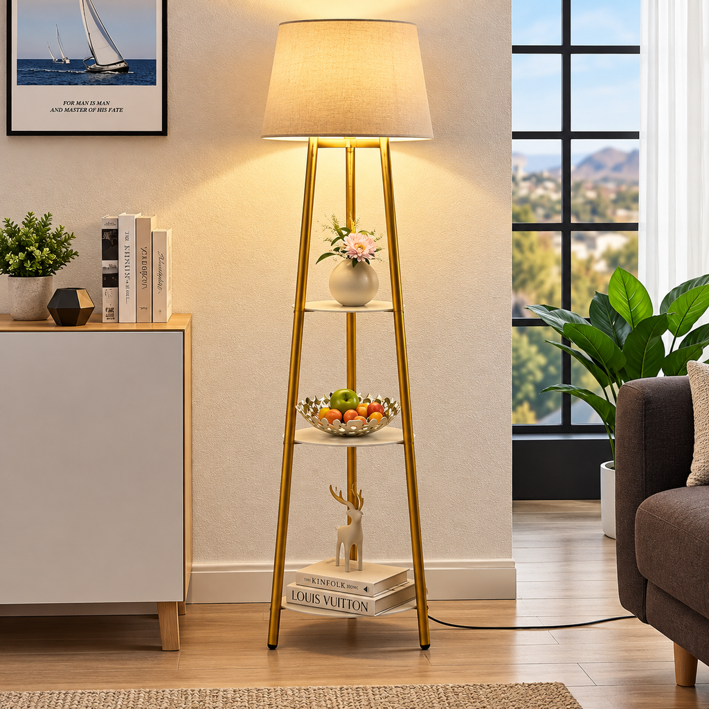 Elegant golvlampa med hyllor – modern LED-lampa i metall med 3 dekorativa hyllplan och varmt ljus