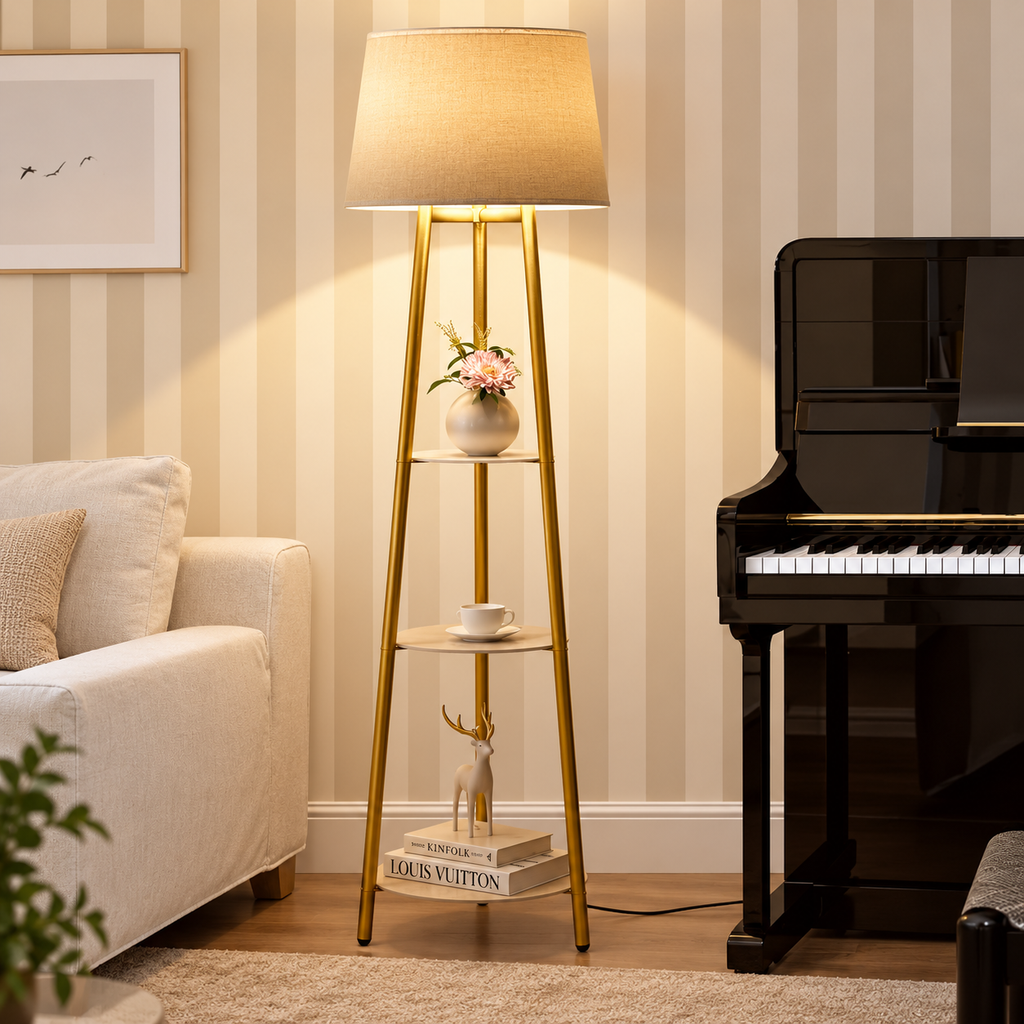 Elegant golvlampa med hyllor – modern LED-lampa i metall med 3 dekorativa hyllplan och varmt ljus