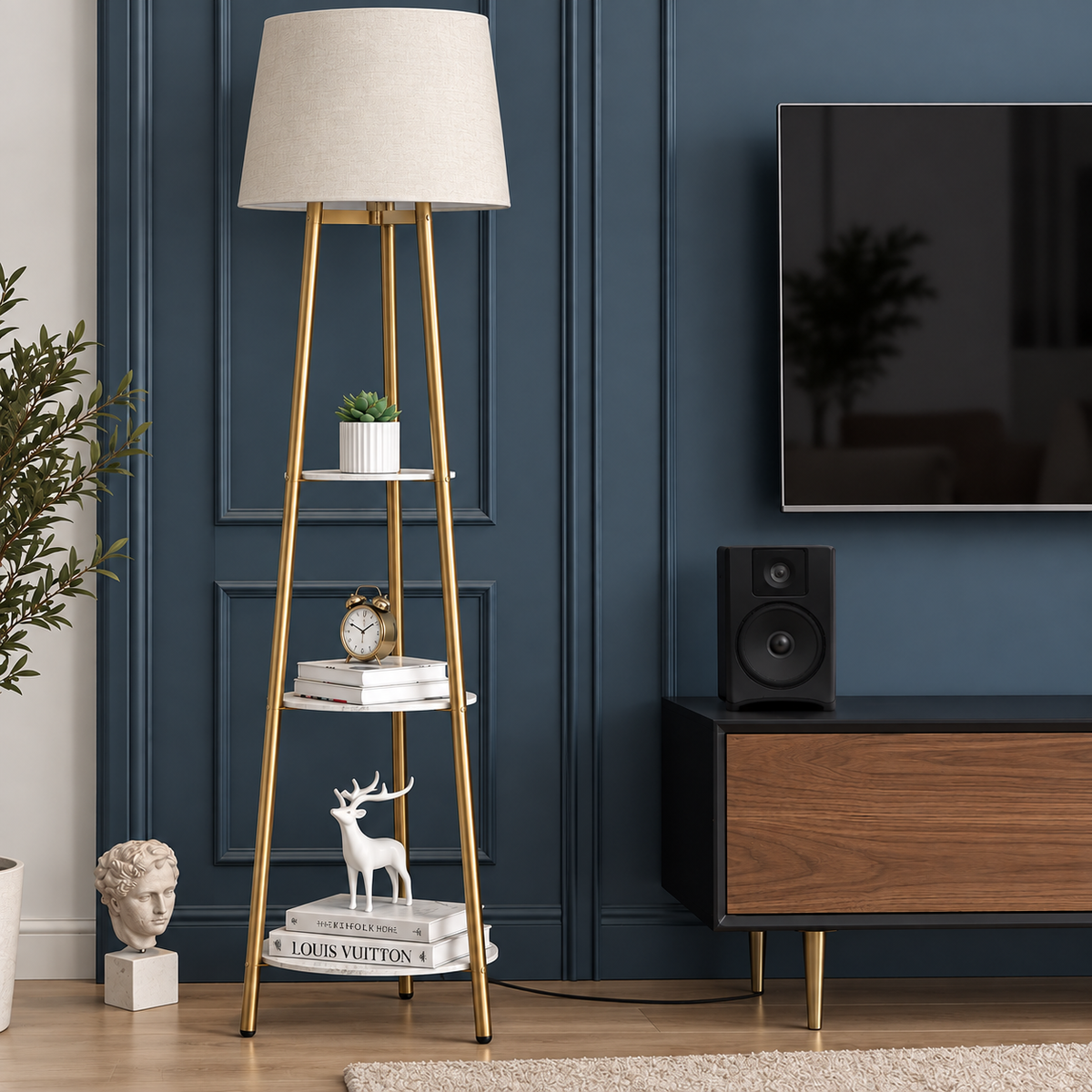Elegant golvlampa med hyllor – modern LED-lampa i metall med 3 dekorativa hyllplan och varmt ljus
