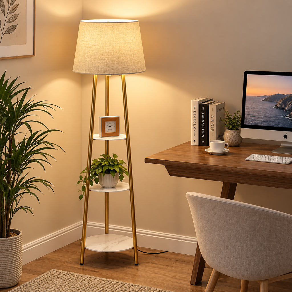 Elegant golvlampa med hyllor – modern LED-lampa i metall med 3 dekorativa hyllplan och varmt ljus