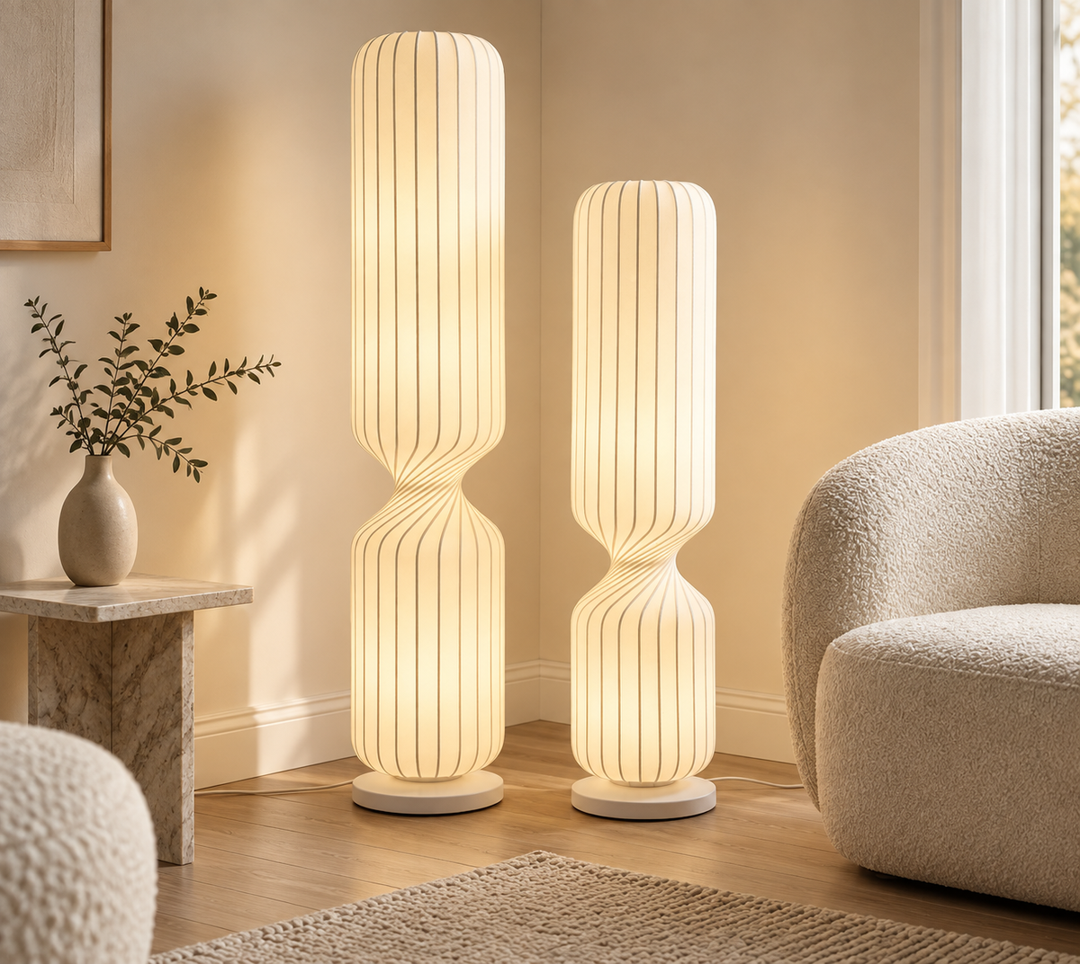 Wabi Sabi golvlampa i japansk stil – elegant LED-lampa med textilskärm för sovrum, vardagsrum och kontor
