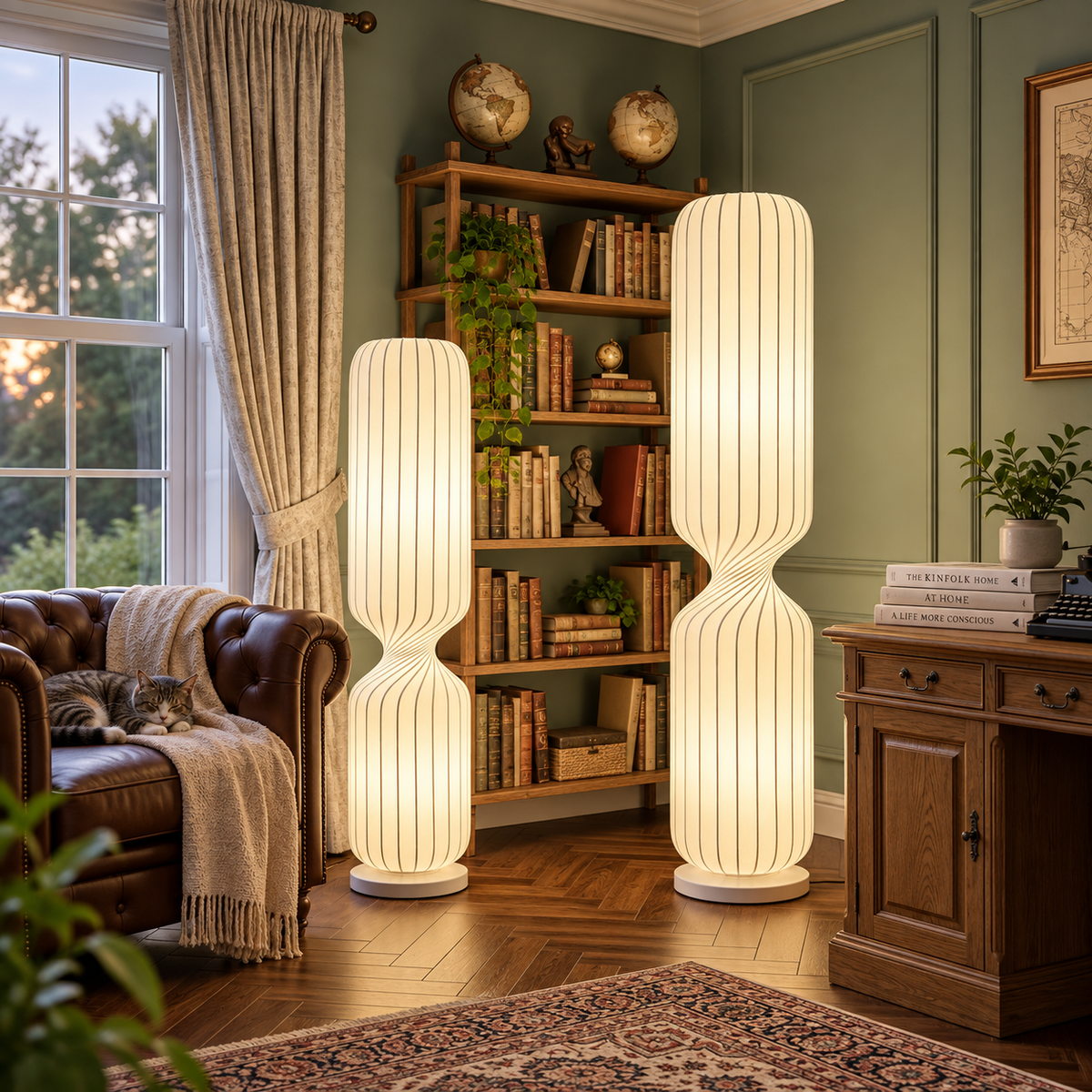 Wabi Sabi golvlampa i japansk stil – elegant LED-lampa med textilskärm för sovrum, vardagsrum och kontor