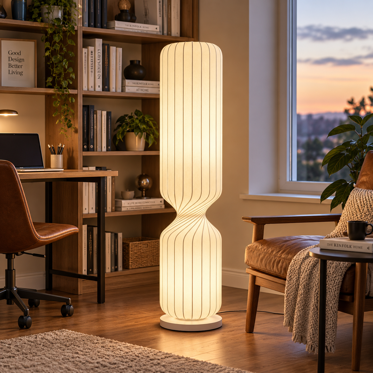 Wabi Sabi golvlampa i japansk stil – elegant LED-lampa med textilskärm för sovrum, vardagsrum och kontor