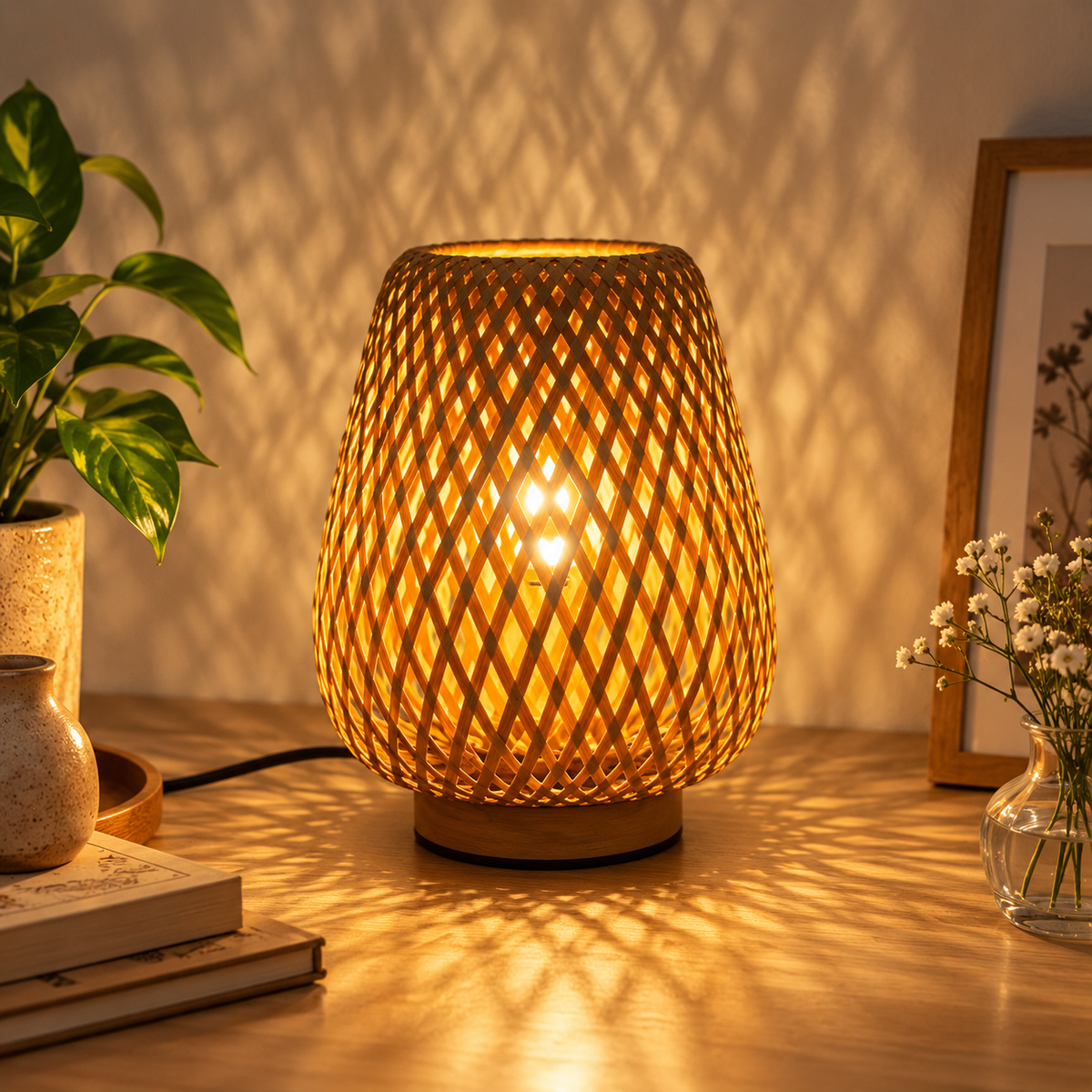 Rattan bordslampa med LED – bohemisk och dekorativ sänglampa med varmt ljus för sovrum, skrivbord och hem