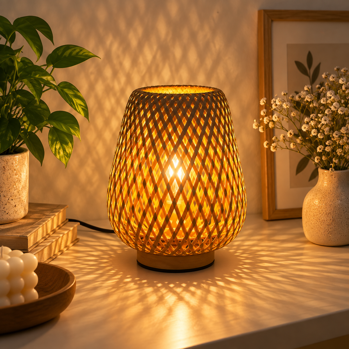 Rattan bordslampa med LED – bohemisk och dekorativ sänglampa med varmt ljus för sovrum, skrivbord och hem