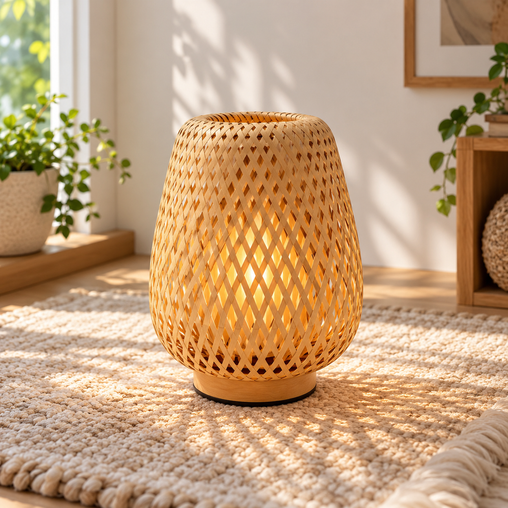Rattan bordslampa med LED – bohemisk och dekorativ sänglampa med varmt ljus för sovrum, skrivbord och hem
