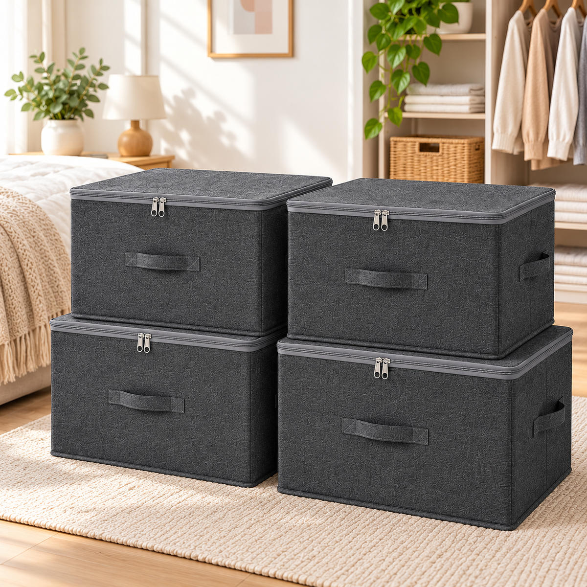 Vikbara förvaringslådor med lock – 4-pack stora tygboxar med dragkedja och handtag för kläder, leksaker och garderob