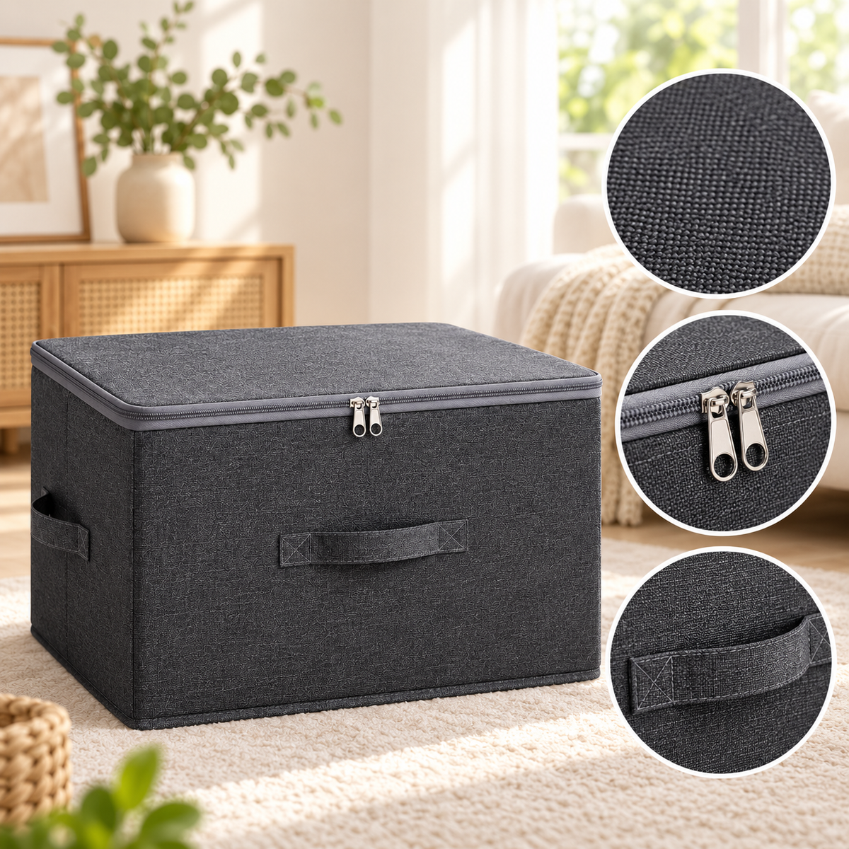 Vikbara förvaringslådor med lock – 4-pack stora tygboxar med dragkedja och handtag för kläder, leksaker och garderob