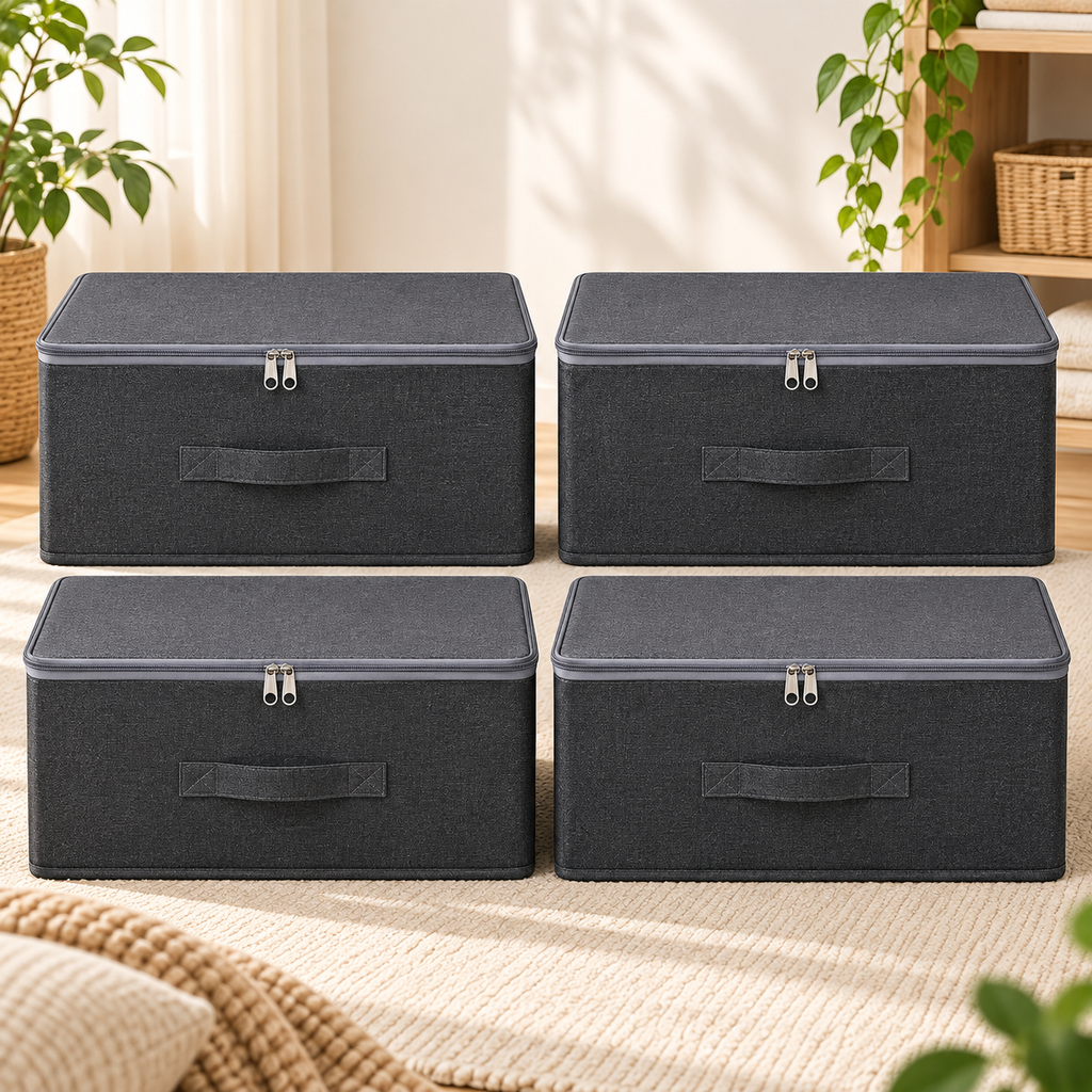 Vikbara förvaringslådor med lock – 4-pack stora tygboxar med dragkedja och handtag för kläder, leksaker och garderob
