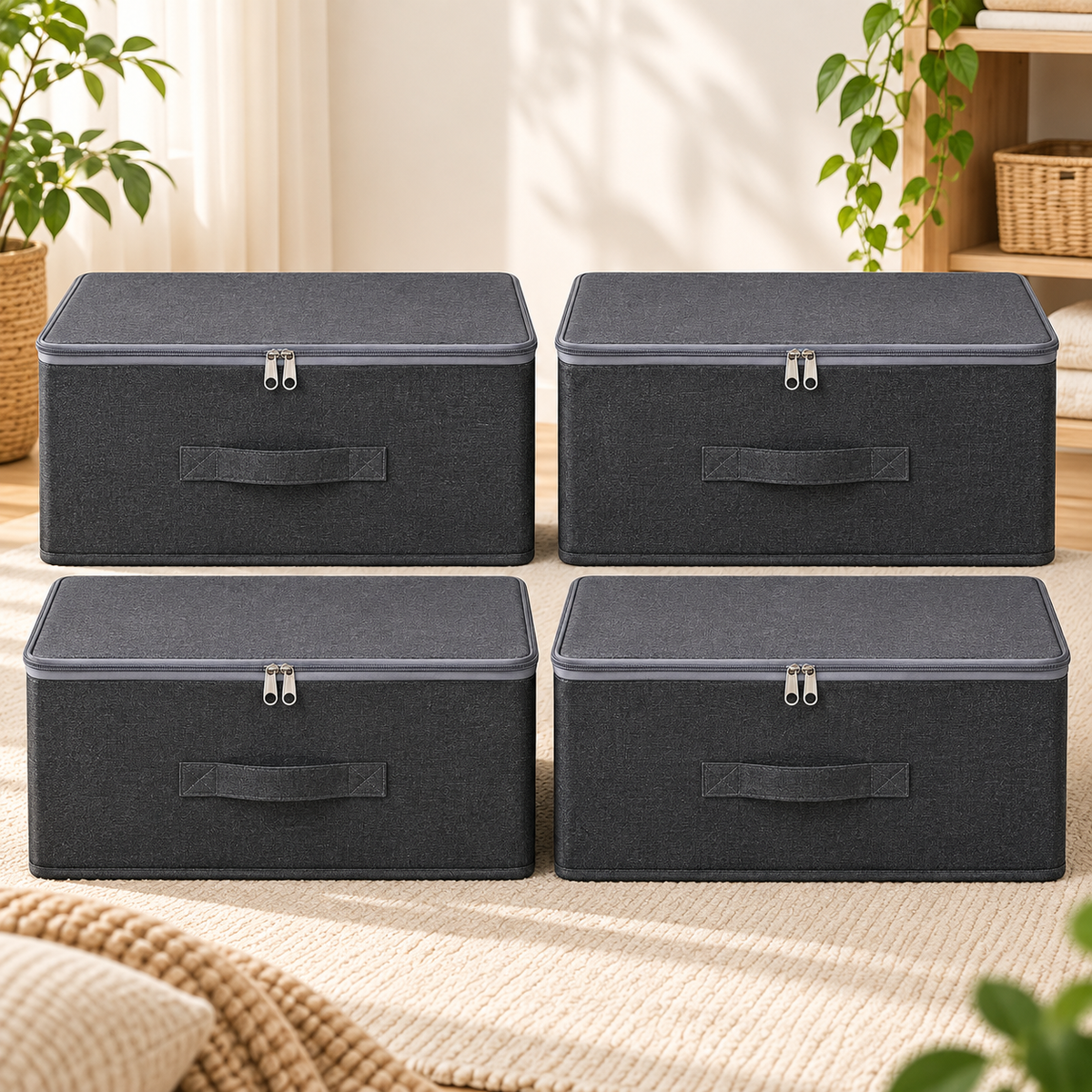 Vikbara förvaringslådor med lock – 4-pack stora tygboxar med dragkedja och handtag för kläder, leksaker och garderob