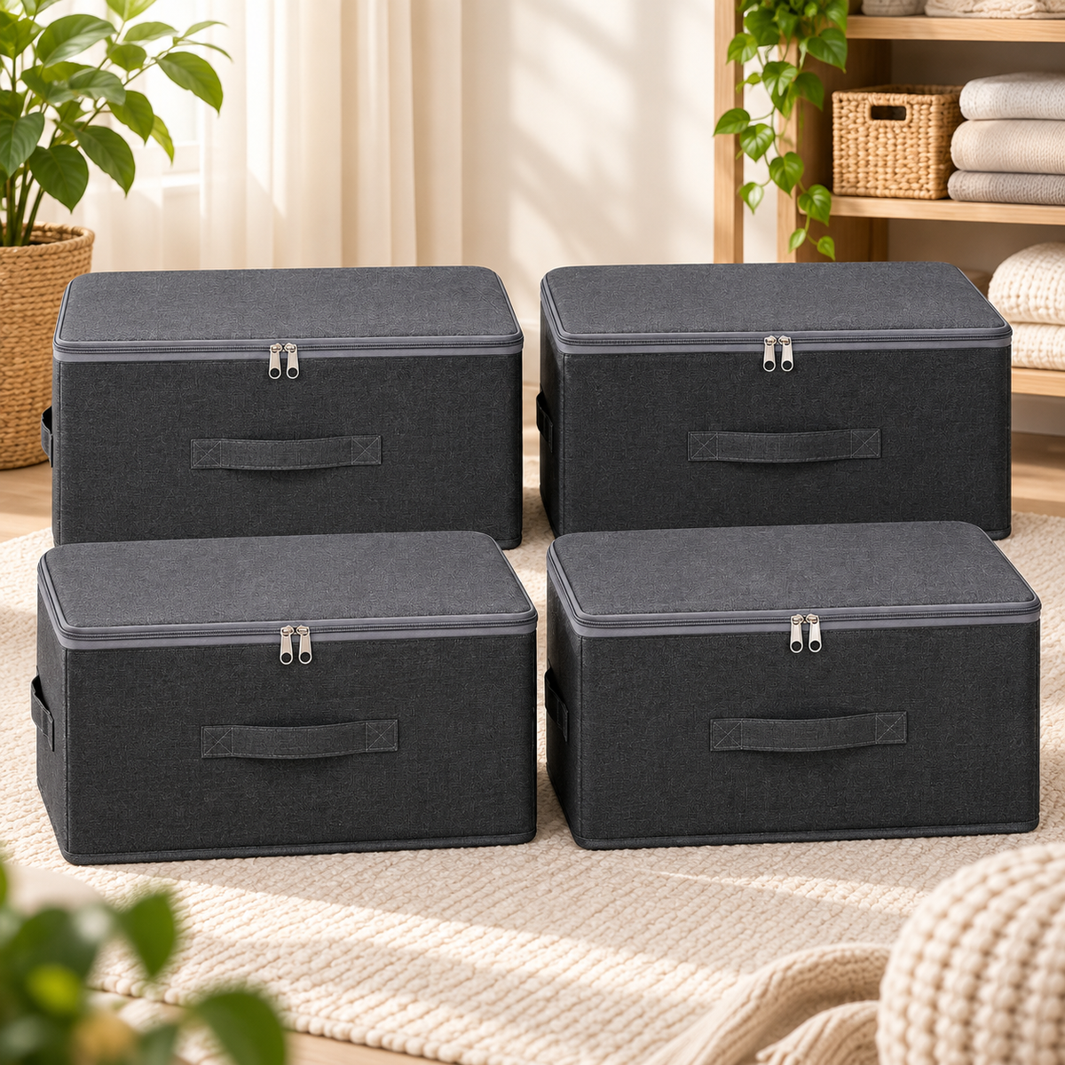 Vikbara förvaringslådor med lock – 4-pack stora tygboxar med dragkedja och handtag för kläder, leksaker och garderob