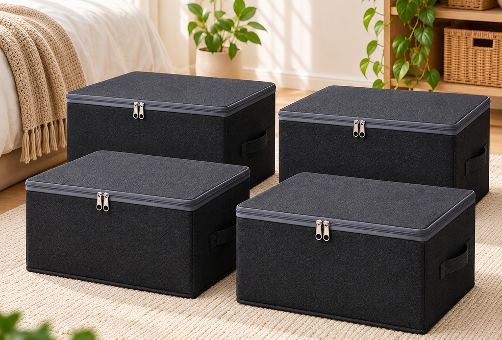 Vikbara förvaringslådor med lock – 4-pack stora tygboxar med dragkedja och handtag för kläder, leksaker och garderob