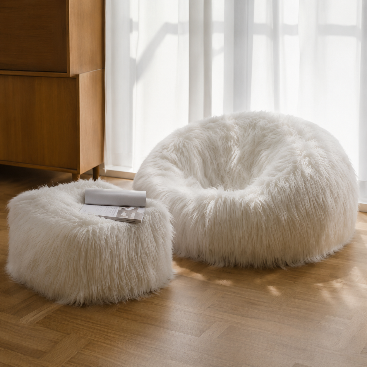 Fluffig Bönpåsestol i Pälstyg – Stor