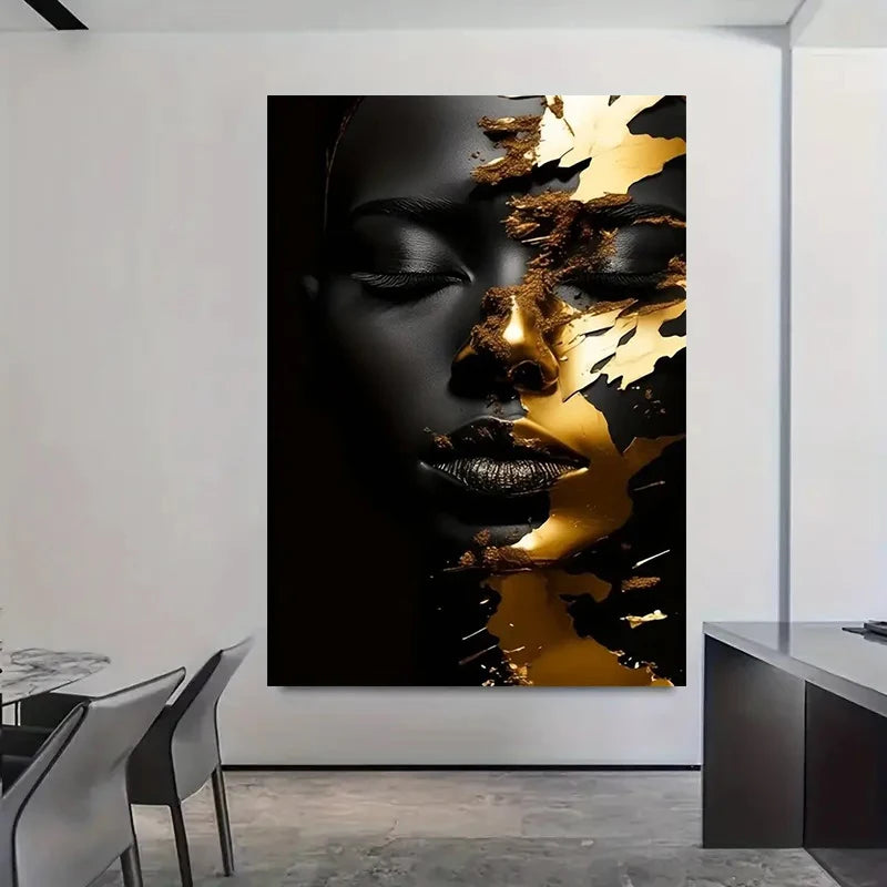 Afrikansk Kvinna Guldton Canvas Poster – Modern Konst Vardagsrum & Sovrum