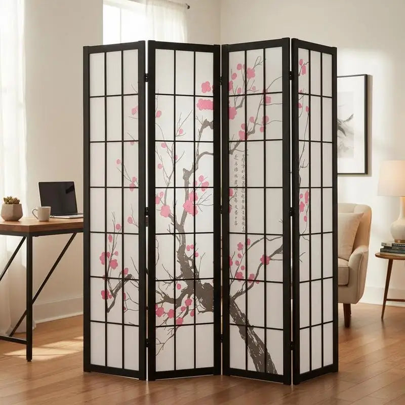 4-Panels Japansk Rumsavdelare Körsbärsblom – Vikbar Trä Privacyskärm