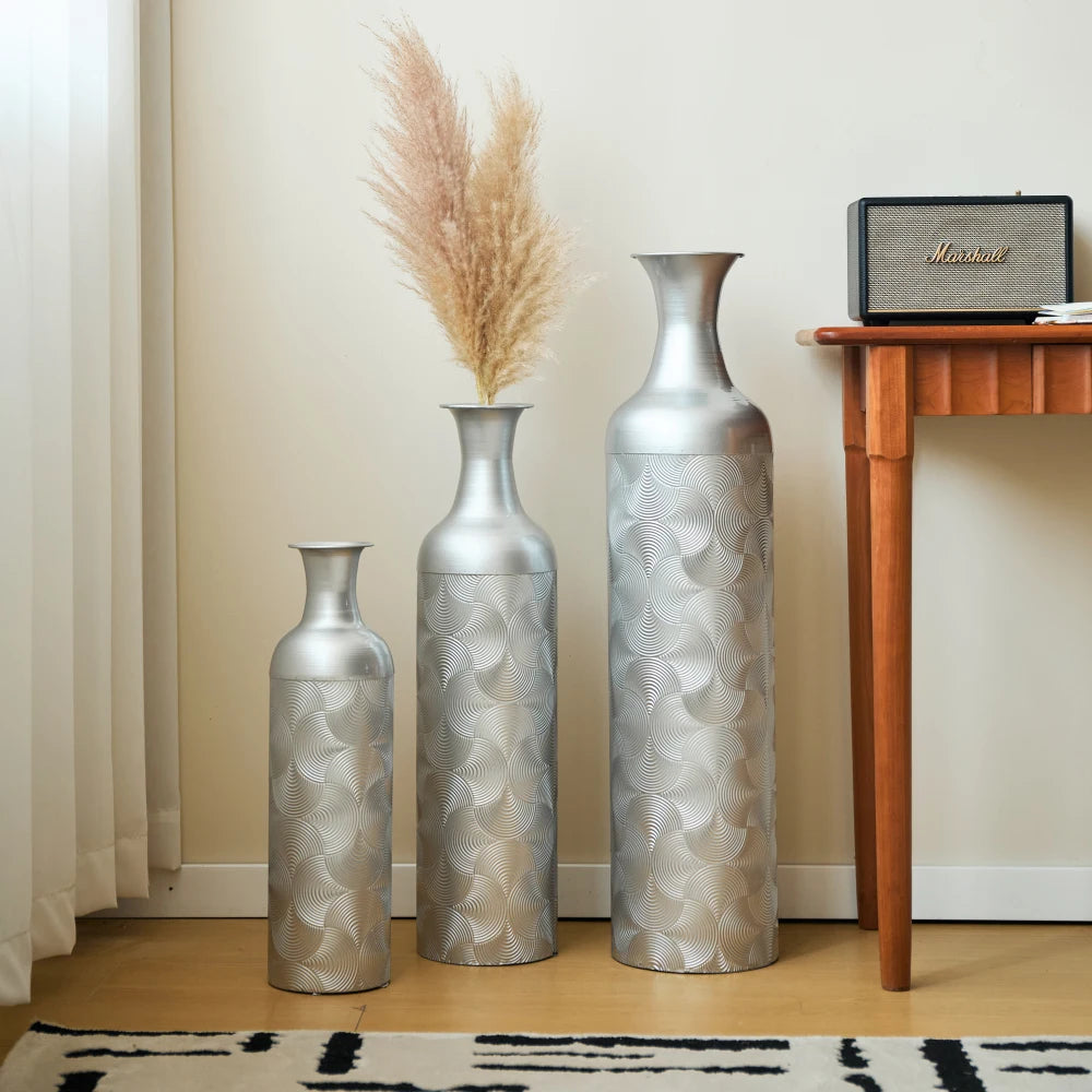 Modern Metallvaser Set 3 Silvervåg 50/66/83 cm – Golvvas Vardagsrum & Hall