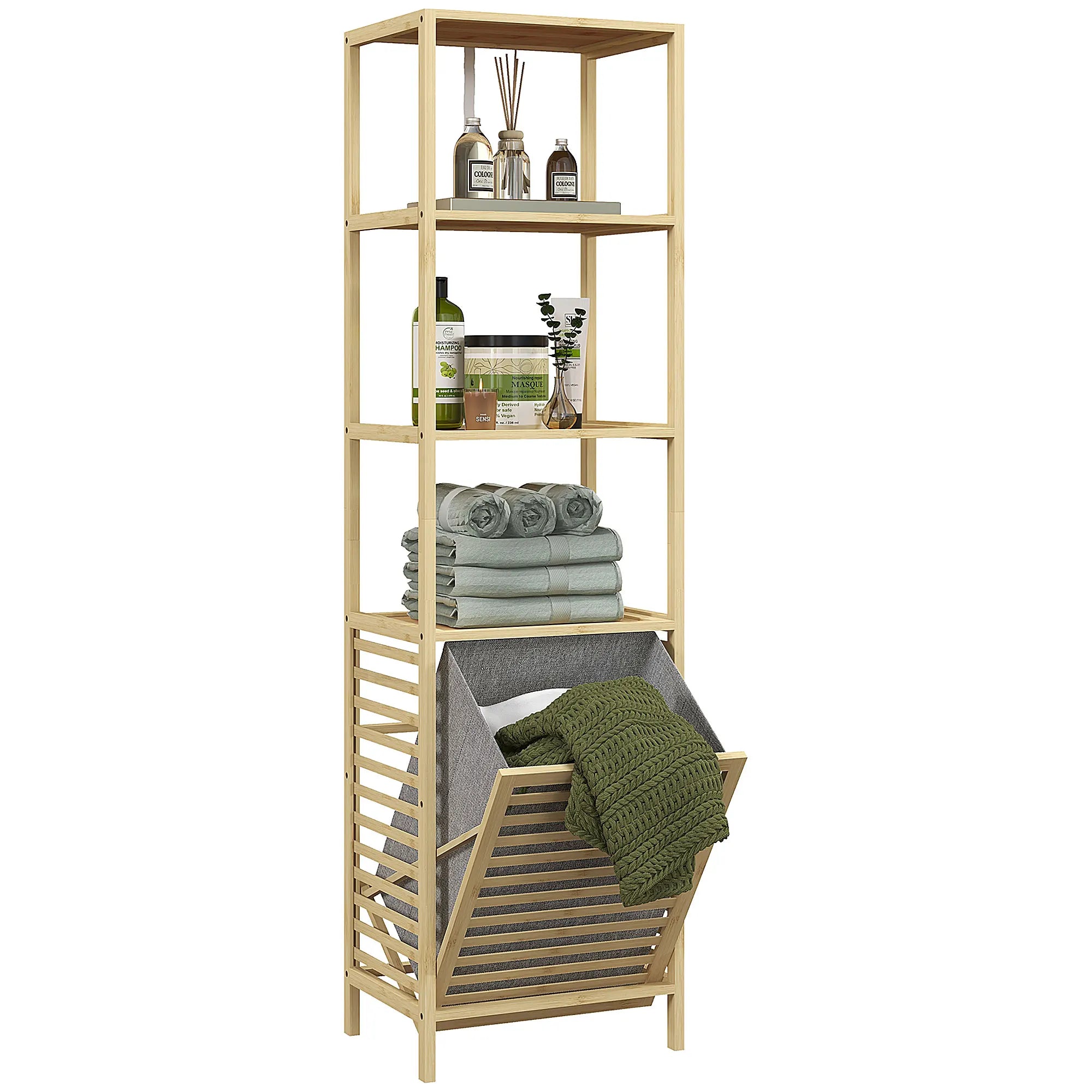 Bambu Badrumshylla 3 Hyllplan & Avtagbar Tvättkorg – 44×33×160 cm