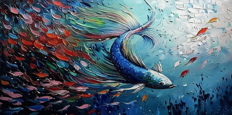 Nordisk Abstrakt Blå Fisk Canvasmålning – Stor Graffiti Poster Vardagsrum