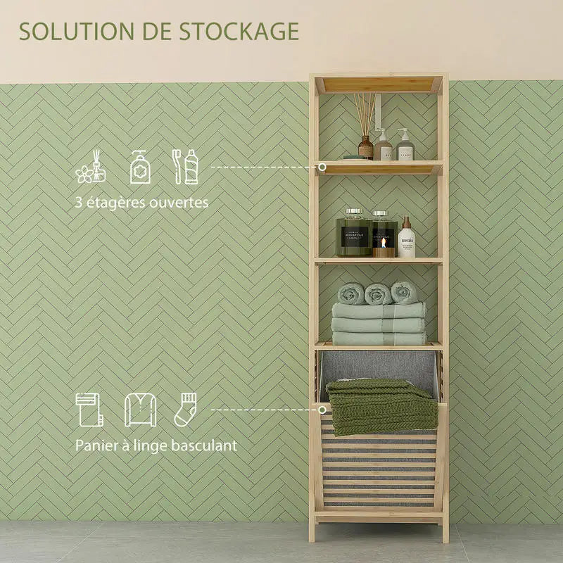 Bambu Badrumshylla 3 Hyllplan & Avtagbar Tvättkorg – 44×33×160 cm