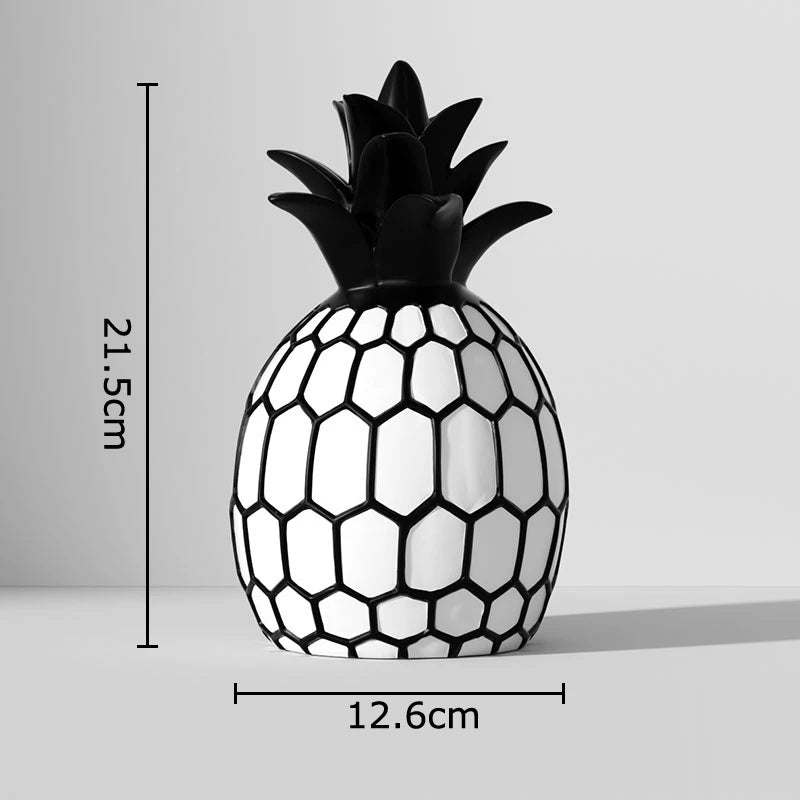 Svartvit Rand Äpple & Ananas Staty – Minimalistisk Resin Skrivbordsskulptur