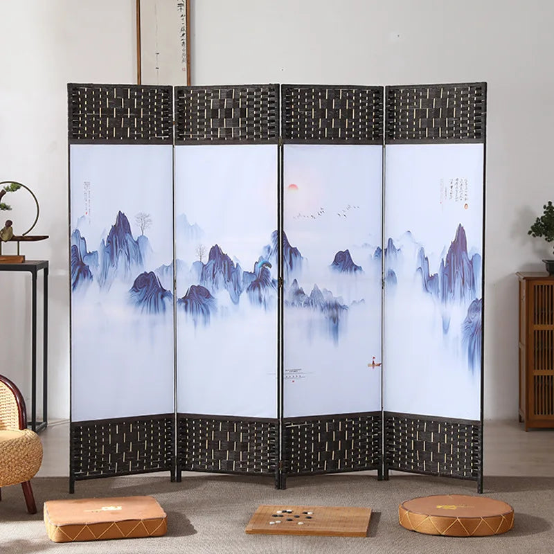 4-Panels Asiatisk Rumsavdelare Körsbärsblom & Fågel – Kalligrafi Brunt Trä
