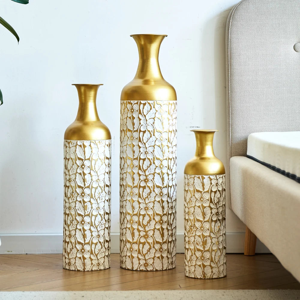 3-Pack Guld & Vit Golvvaser 50/66/85 cm – Blommönster Metall Hem & Trädgård