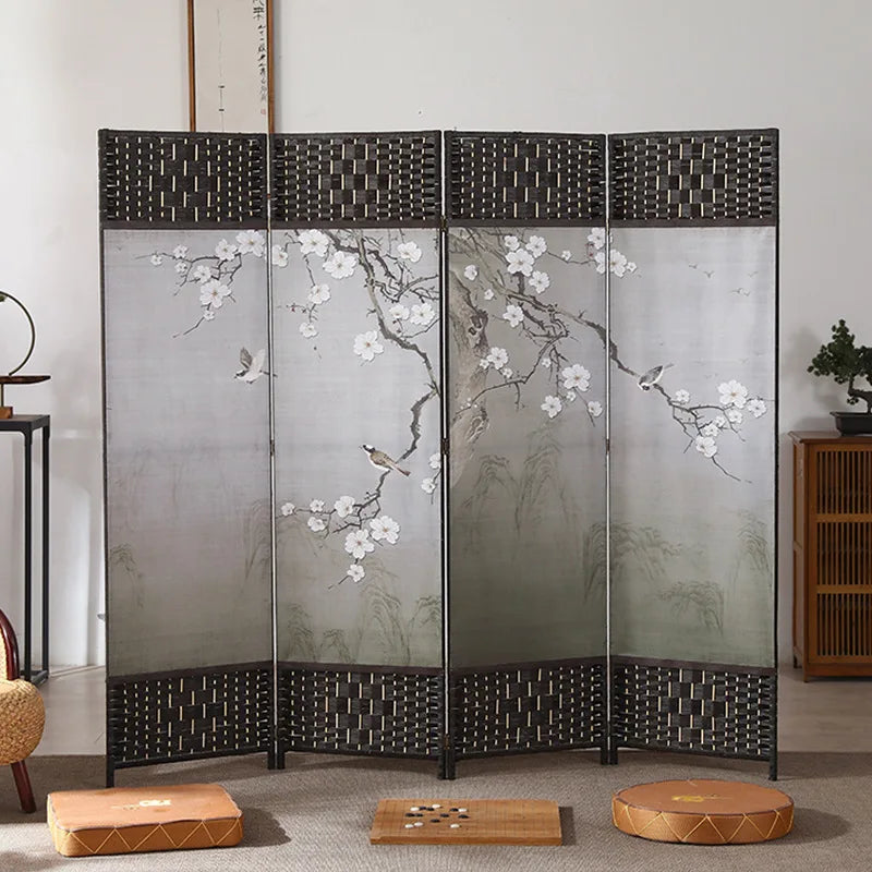 4-Panels Asiatisk Rumsavdelare Körsbärsblom & Fågel – Kalligrafi Brunt Trä