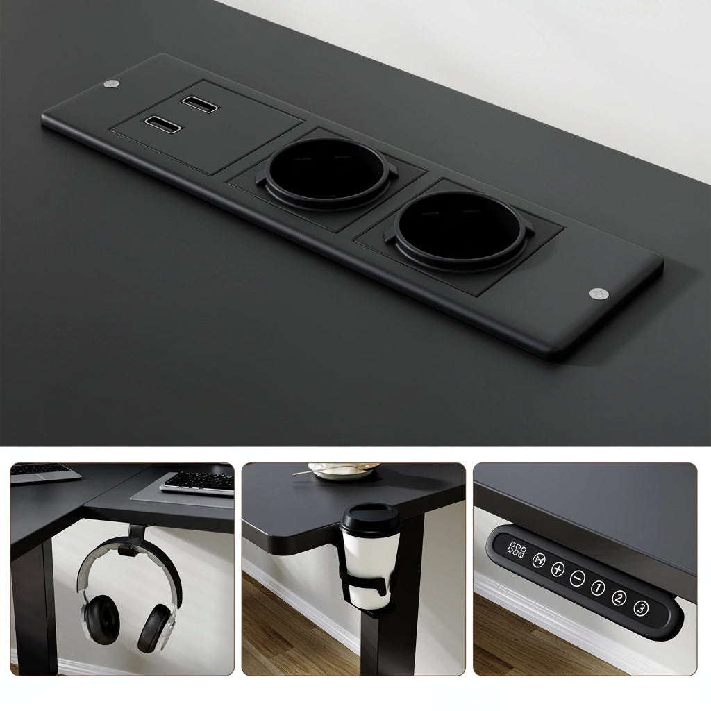 L-format Skrivbord Höj/Sänkbart – Eluttag