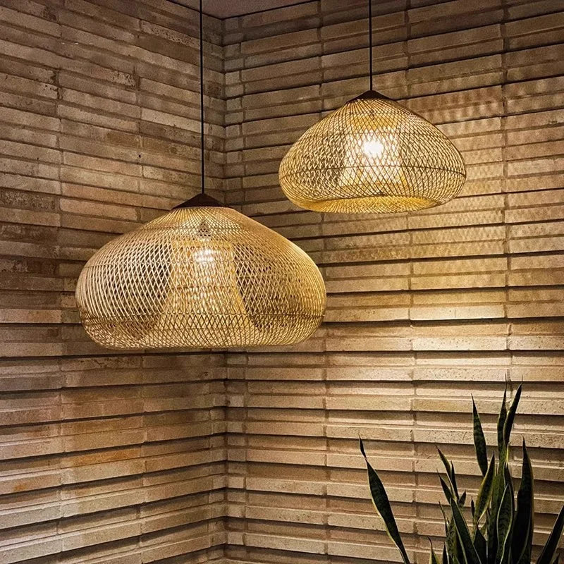 Japansk Wabi-Sabi Rattan Hänglampa Handvävd – Boho E27 Restaurant & Köksö
