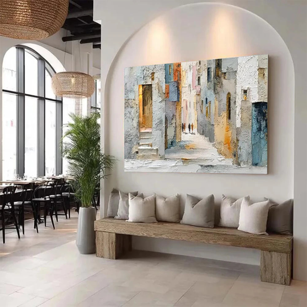 Handgjord Abstrakt Oljemålning Gammal Stadsdel – Canvas Väggkonst Mural