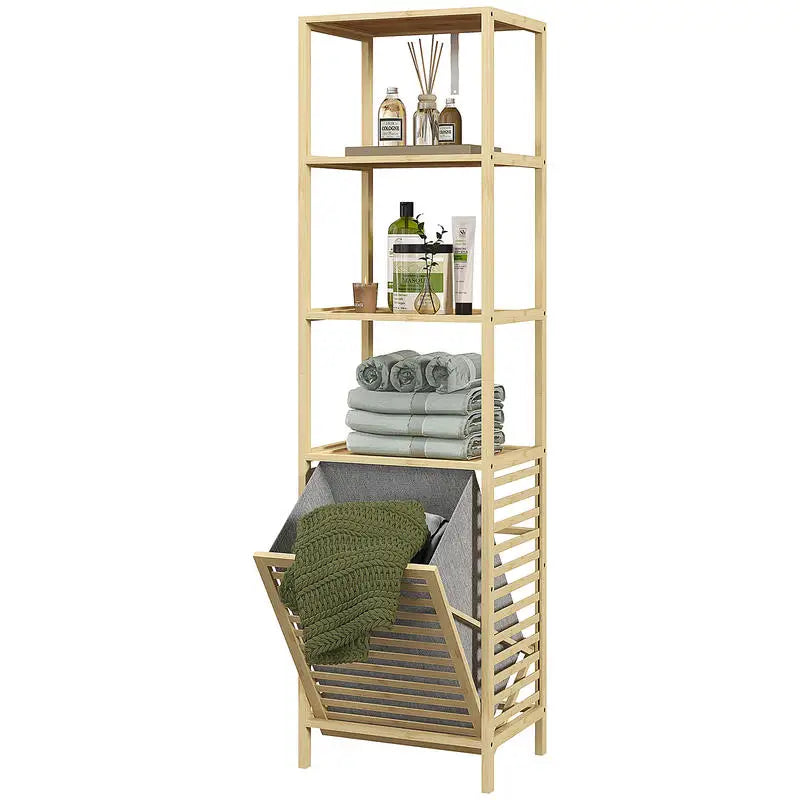Bambu Badrumshylla 3 Hyllplan & Avtagbar Tvättkorg – 44×33×160 cm