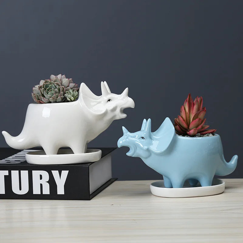 Dinosaurie Keramikvas med Dräneringshål – Succulent & Kaktus Barnrum