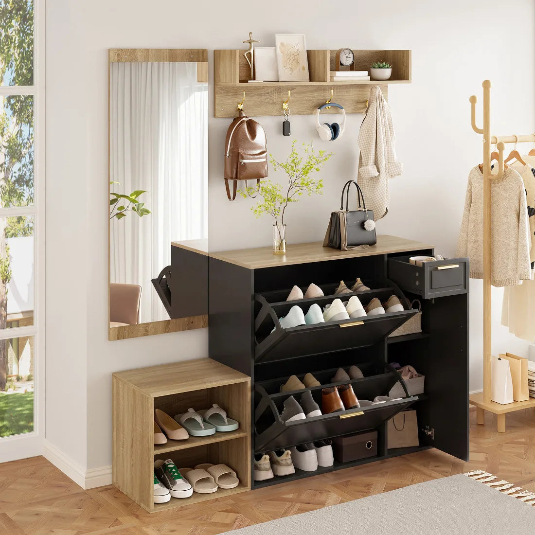 4-Delars Hallmöbelset – Skoskåp, Sittbänk, Kappkrok & Spegel 139,5×35×166 cm