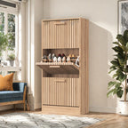 Fangange Rattan Skoskåp Smal – 3 Snedda Dörrar Trägriphandtag Andningsbara Paneler