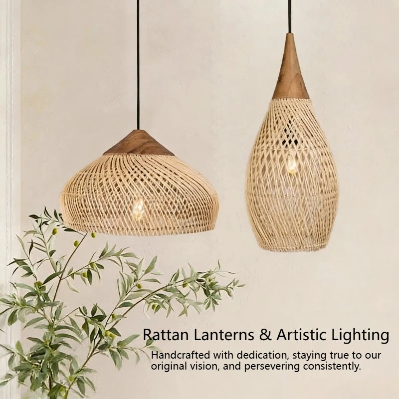 Japansk Wabi-Sabi Rattan Hänglampa Handvävd – Boho E27 Restaurant & Köksö