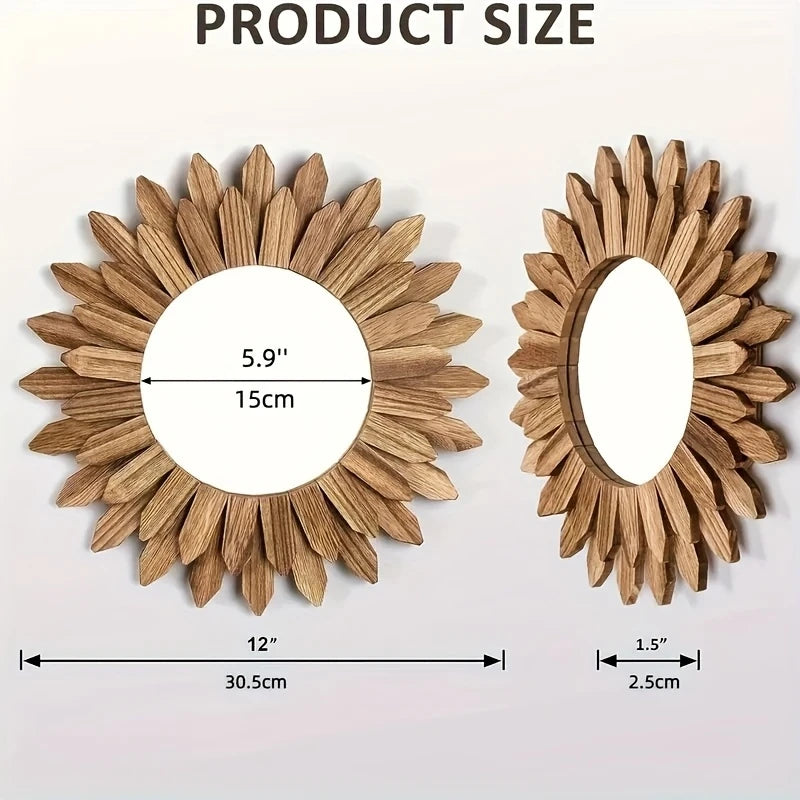 Bohemisk Solros Träspegel Ø30 cm – Väggspegel Sovrum & Vardagsrum Hemdekor