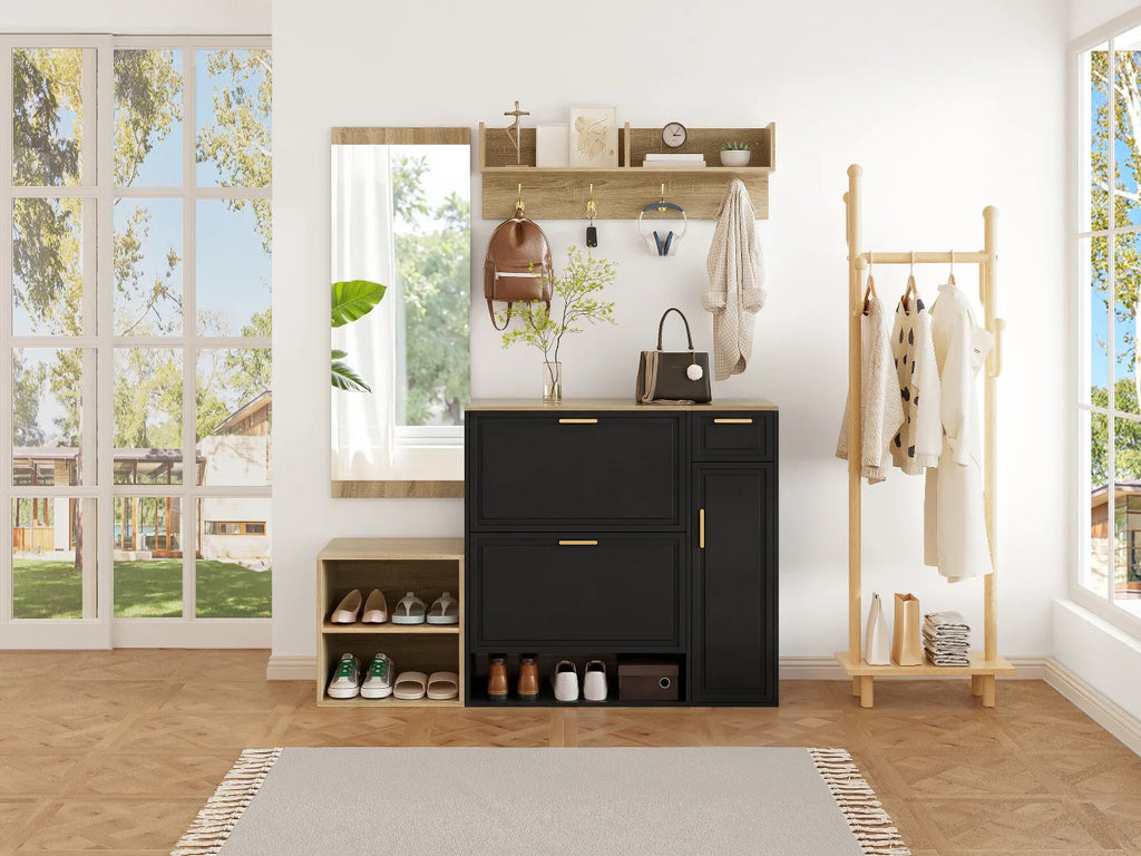 4-Delars Hallmöbelset – Skoskåp, Sittbänk, Kappkrok & Spegel 139,5×35×166 cm