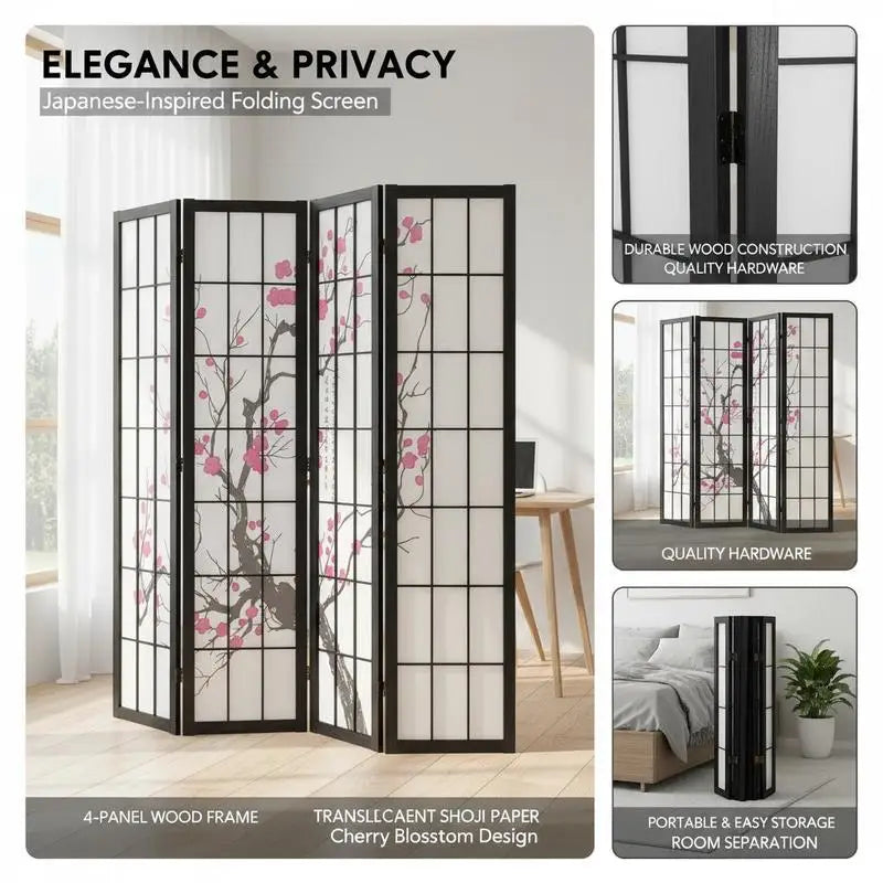 4-Panels Japansk Rumsavdelare Körsbärsblom – Vikbar Trä Privacyskärm