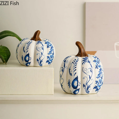 Blå & Vit Porslin Pumpa Skulptur – Kreativt Skrivbordsornament Rumsdekor